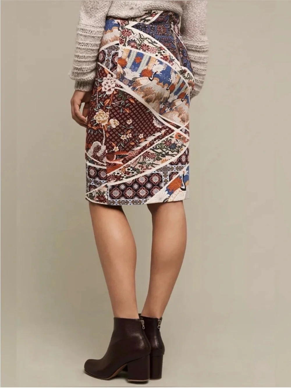 Anthropologie Multi-Color Crane Bird Patterned Midi Skirt
